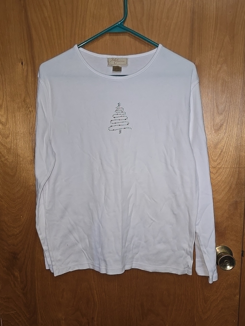 White Long Sleeve Tee with Rhinestone Christmas Tree